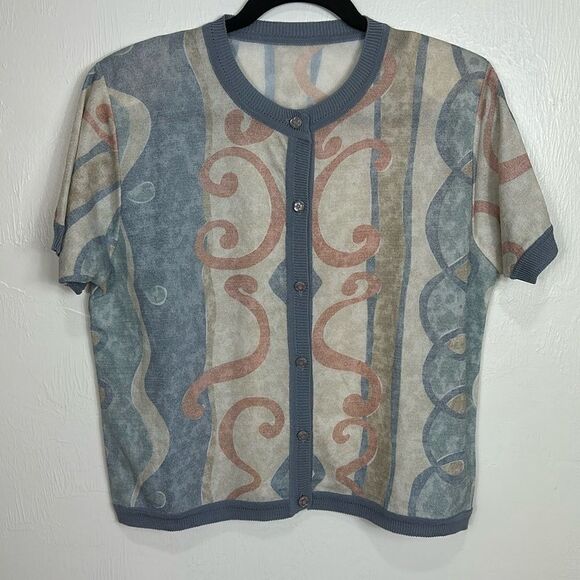 Vintage Pastel Colors Printed Short Sleeve Button Front Cardigan Size M - Picture 1 of 8